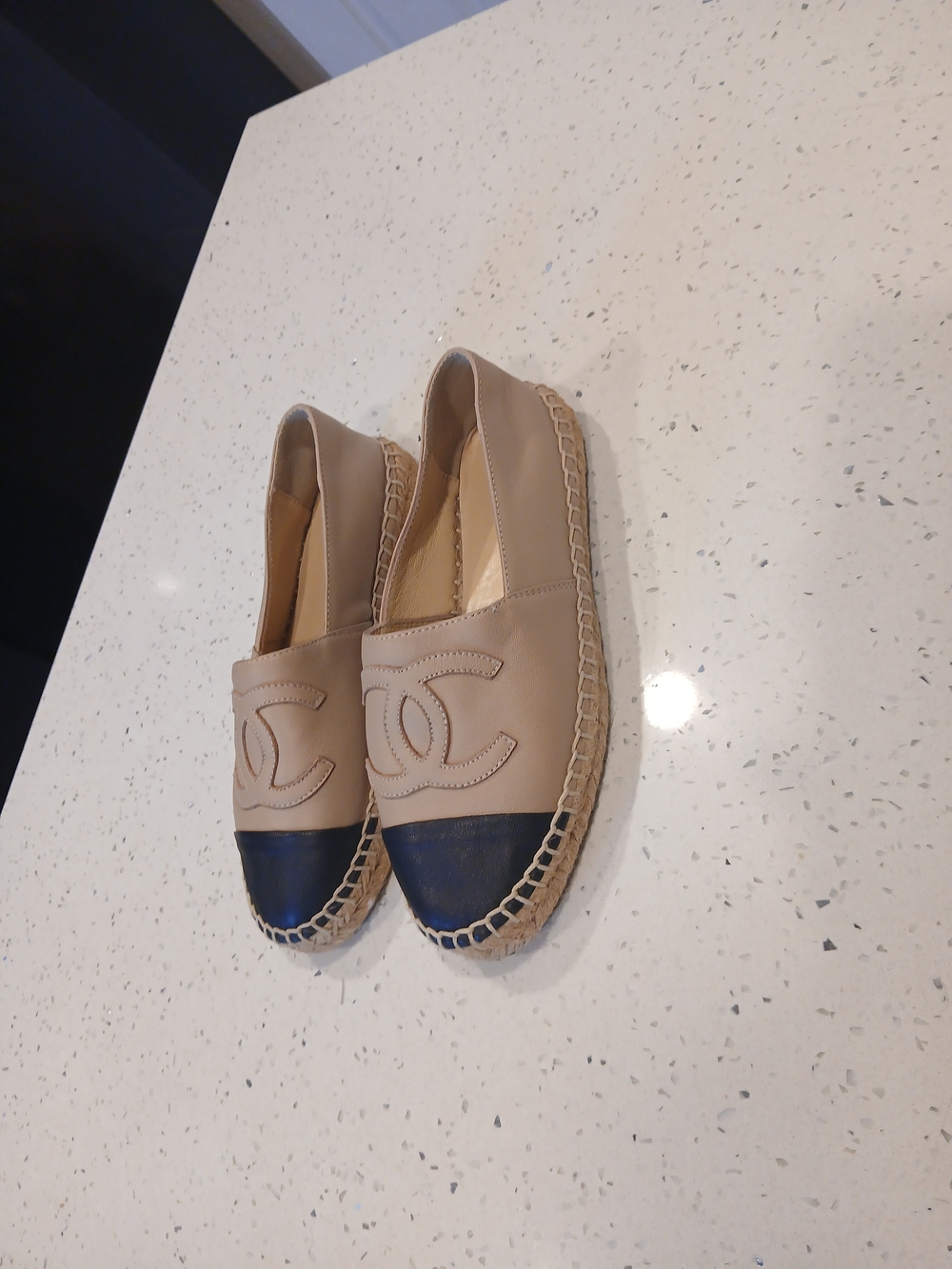 Chanel Lambskin CC Espadrilles Signature CC Black Toe Cap Beige 37 (US 6.5/7) W